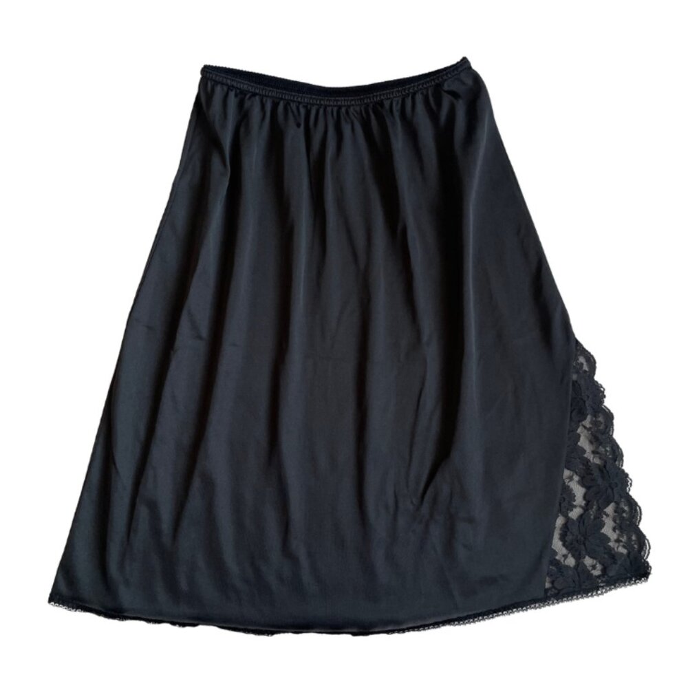 70s vintage union made black satin slip skirt with lace detail size small